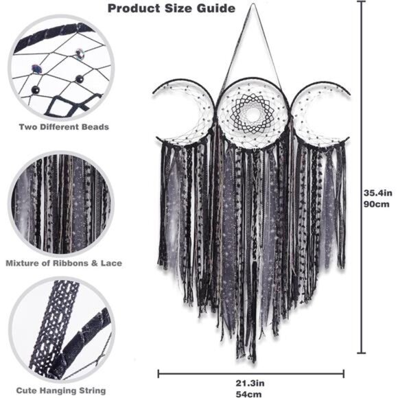 Black Triple Moon Goddess Macrame Wall Hanging, Wicca Crescent Dream Catcher - Picture 4 of 8